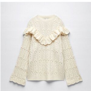 Zara Cream Ruffle-Trim Cable Knit Sweater